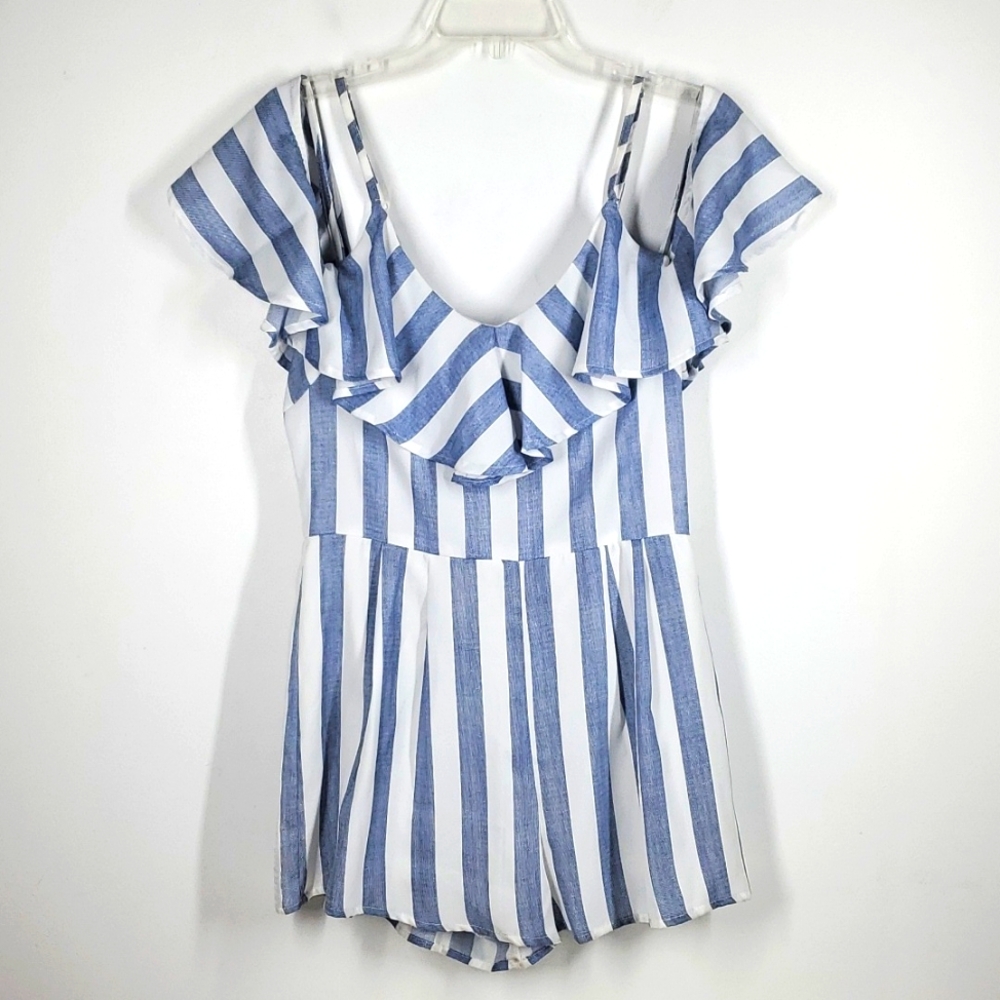 Lulus Blue White Striped Cold Shoulder Romper M NWOT